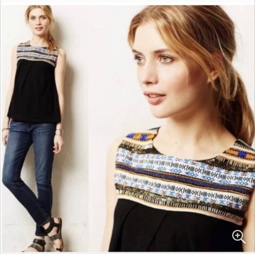 Anthropologie Akemi + Kin Embellished Beadwork & Embroidered Black Top